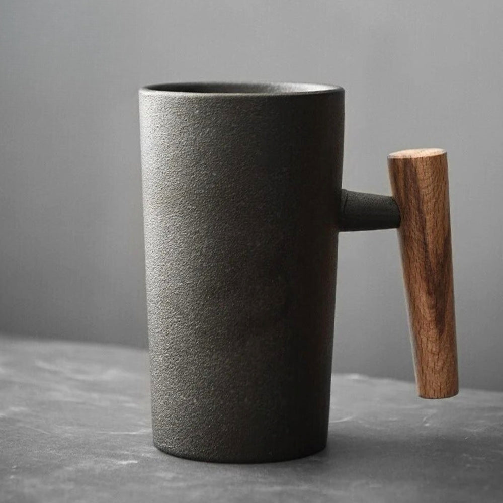 Scandinavian Ceramic Latte Mug Wooden Handle Coffee Cup
