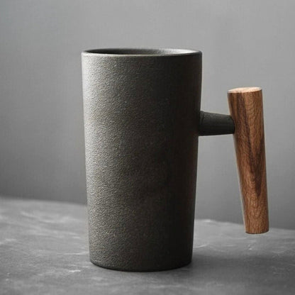 Scandinavian Ceramic Latte Mug Wooden Handle Coffee Cup