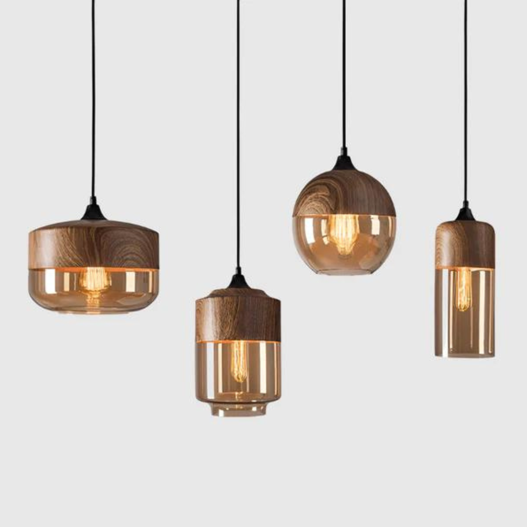 Scandinavian Glass Pendant Light Wood Look Ceiling Lighting