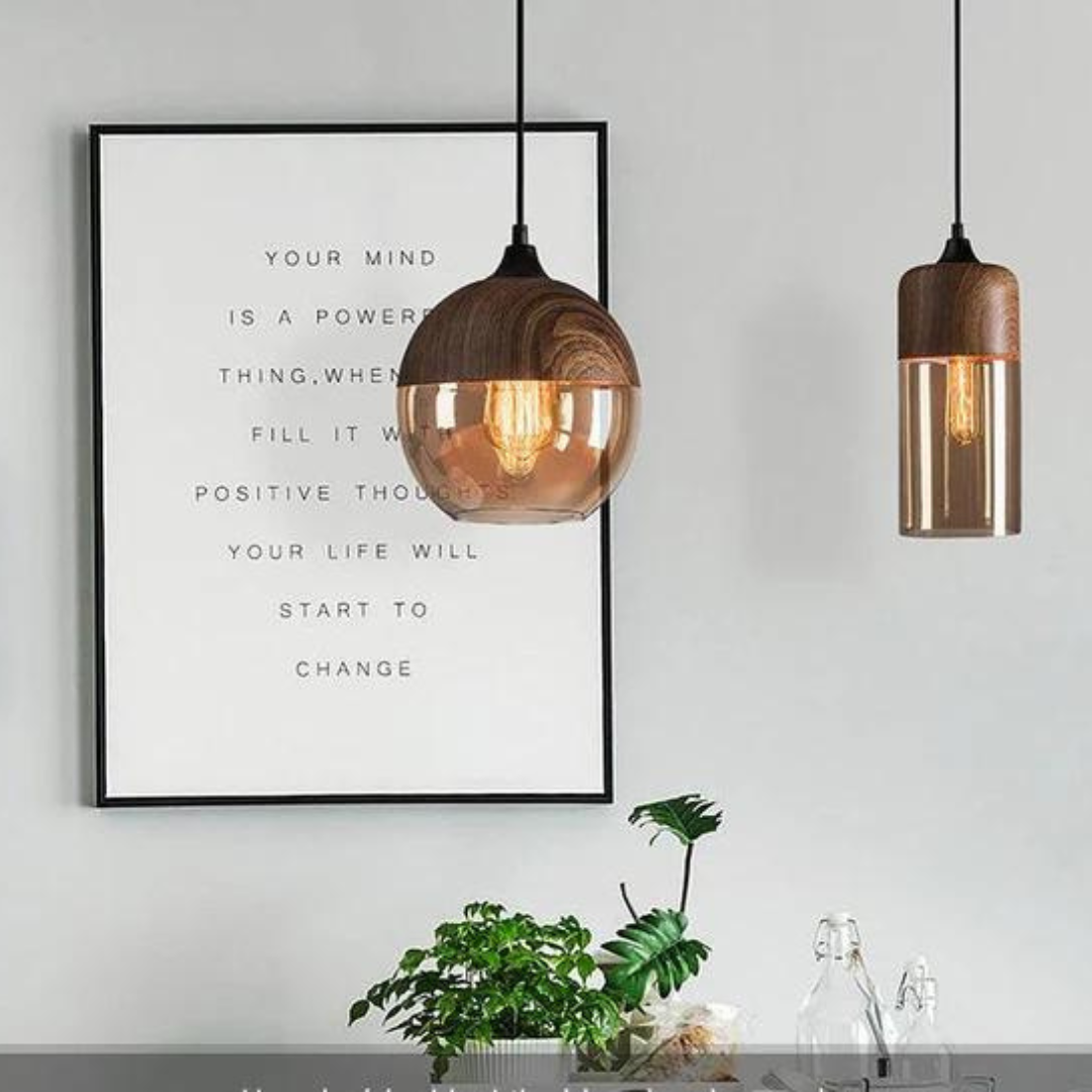 Scandinavian Glass Pendant Light Wood Look Ceiling Lighting