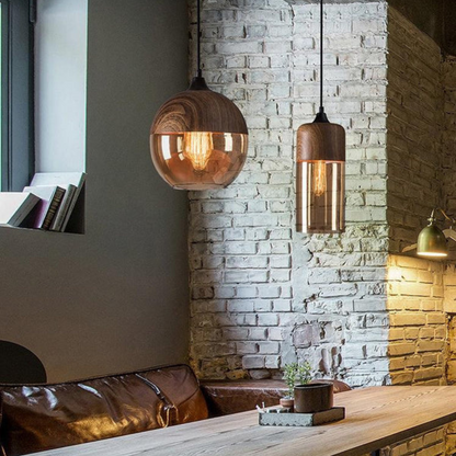 Scandinavian Glass Pendant Light Wood Look Ceiling Lighting