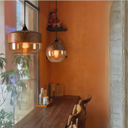 Scandinavian Glass Pendant Light Wood Look Ceiling Lighting