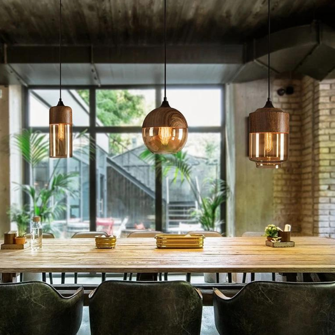 Scandinavian Glass Pendant Light Wood Look Ceiling Lighting