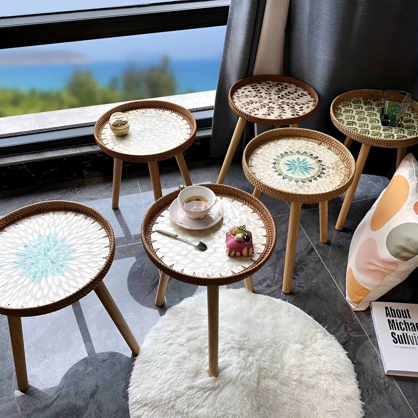 Scandinavian Round Coffee Table Rattan Accent Side Table