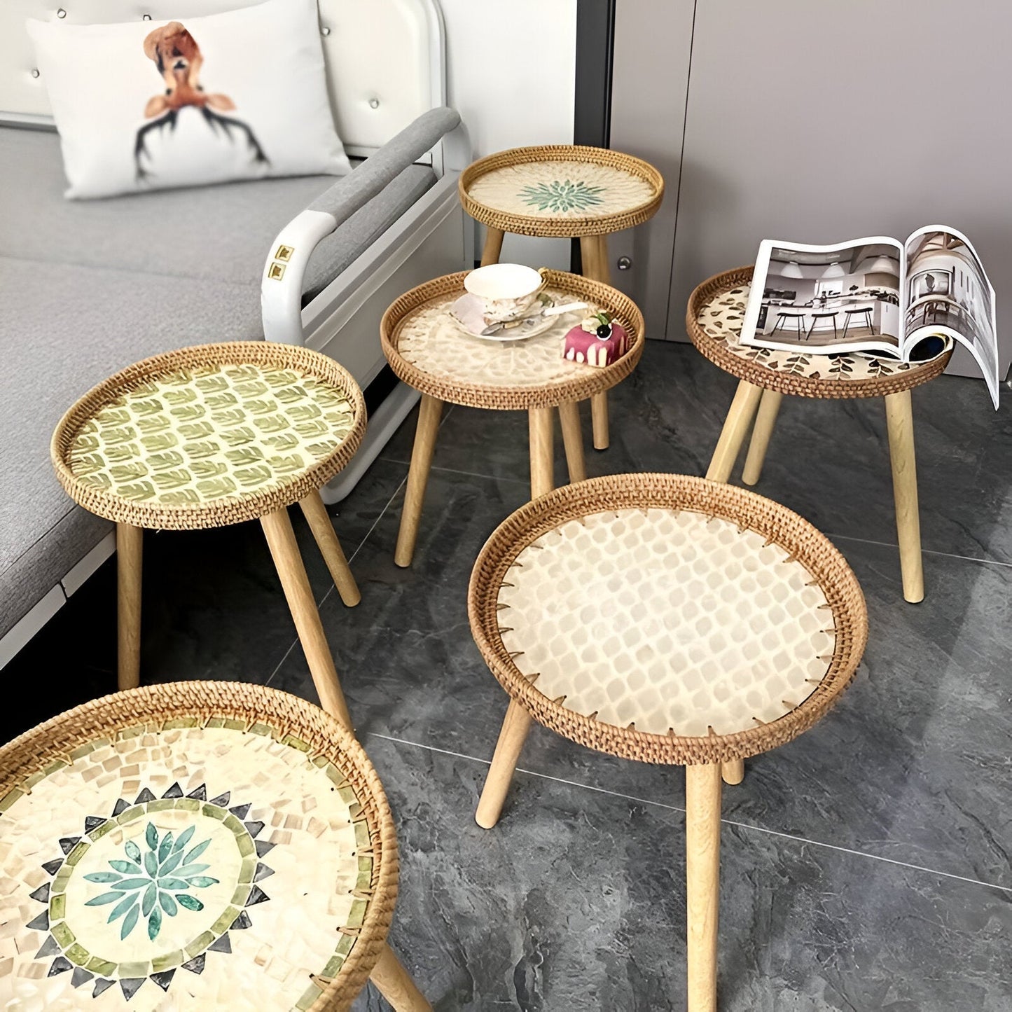 Scandinavian Round Coffee Table Rattan Accent Side Table
