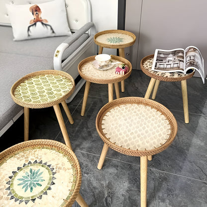 Scandinavian Round Coffee Table Rattan Accent Side Table