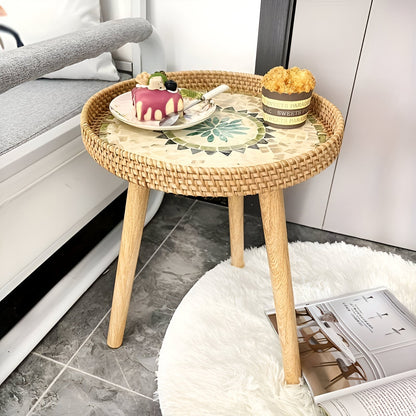 Scandinavian Round Coffee Table Rattan Accent Side Table