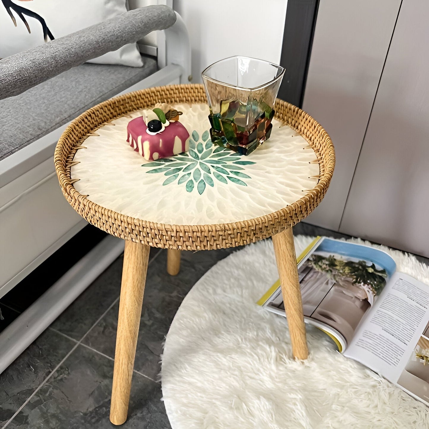Scandinavian Round Coffee Table Rattan Accent Side Table