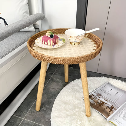 Scandinavian Round Coffee Table Rattan Accent Side Table