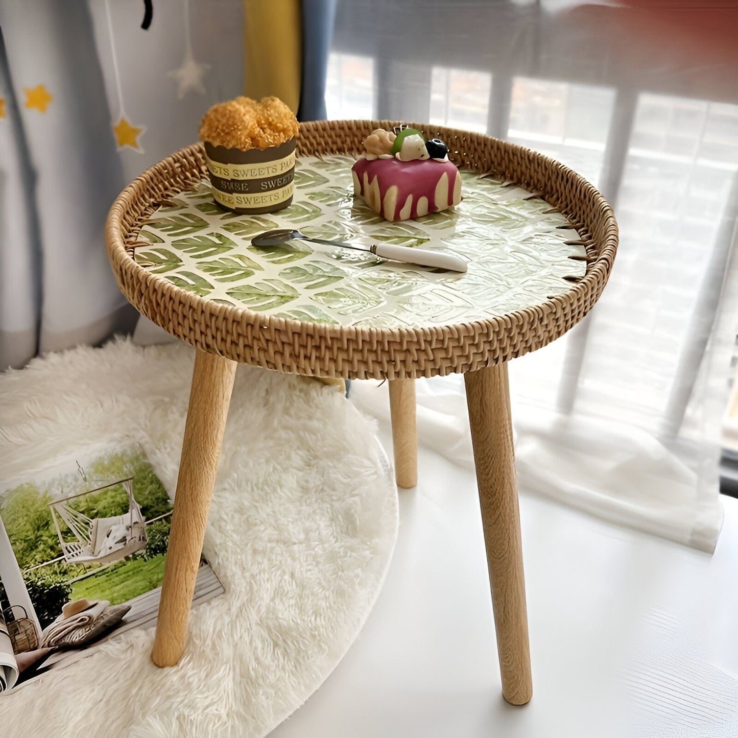 Scandinavian Round Coffee Table Rattan Accent Side Table
