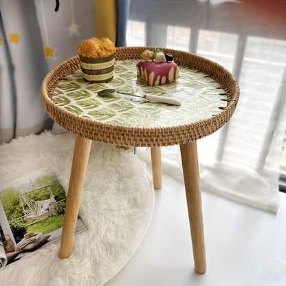 Scandinavian Round Coffee Table Rattan Accent Side Table