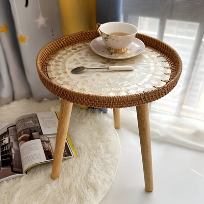Scandinavian Round Coffee Table Rattan Accent Side Table