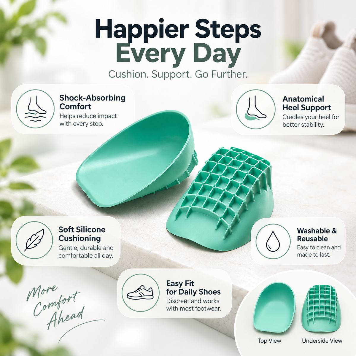 Shock-Absorbing Silicone Heel Cups with Anatomical Support and Washable Design