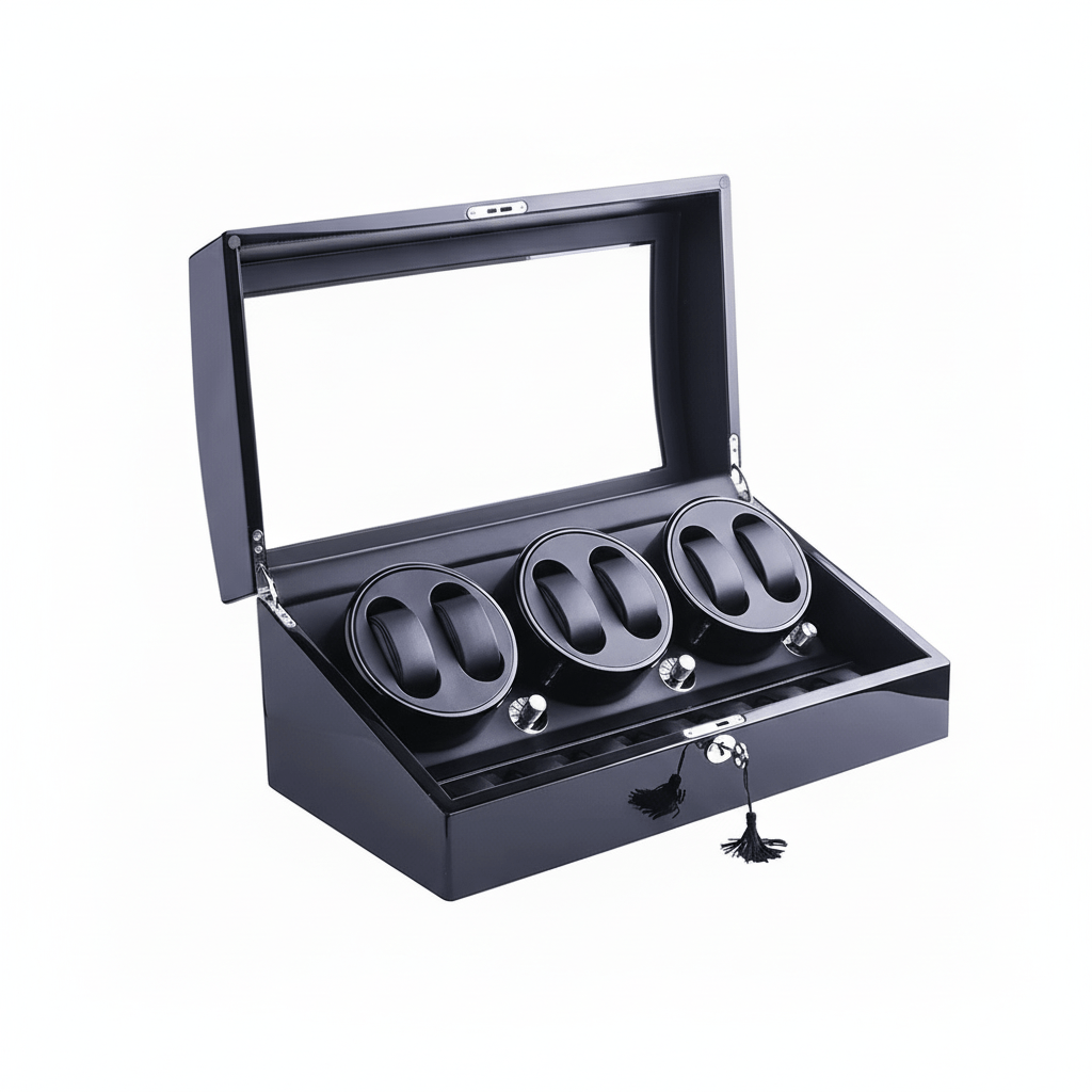 Black watch winder with four compartments on a white background