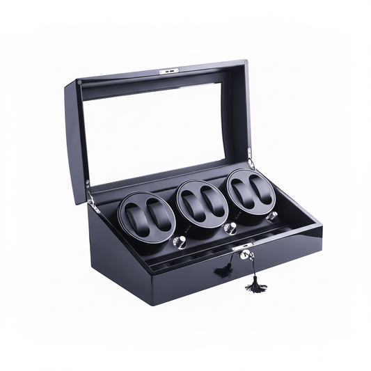 Black watch winder with four compartments on a white background