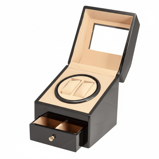 Black watch box with open lid and drawer on a white background