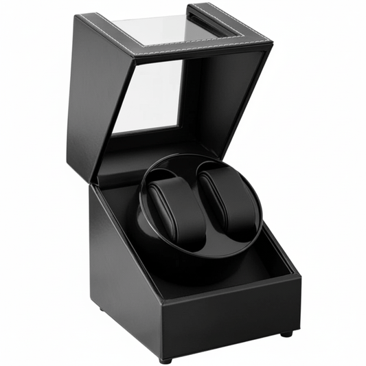 Black watch box with a watch inside on a white background