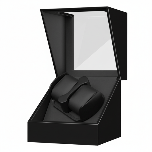 Black open box with two black items inside on a white background