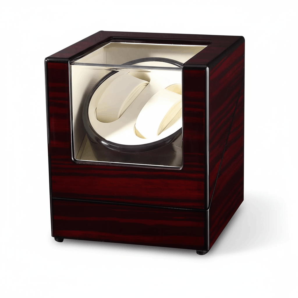 Wooden watch winder with a glass front on a white background