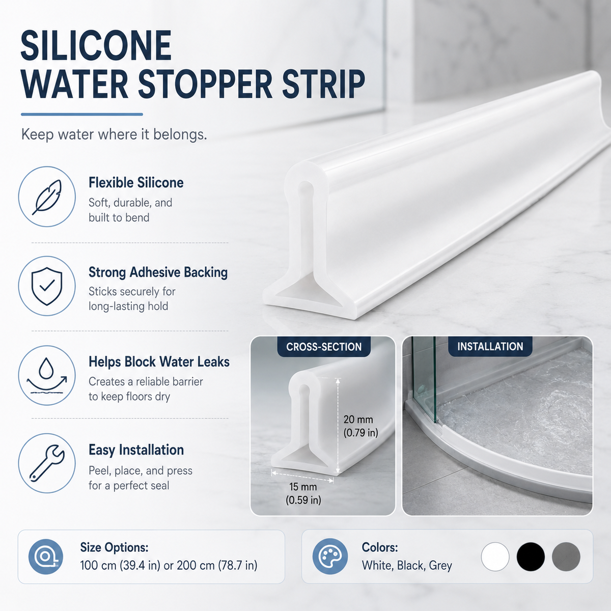 Silicone Water Stopper Strip with Adhesive Backing for Shower Edges and Bathroom Floors