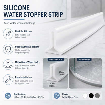 Silicone Water Stopper Strip with Adhesive Backing for Shower Edges and Bathroom Floors