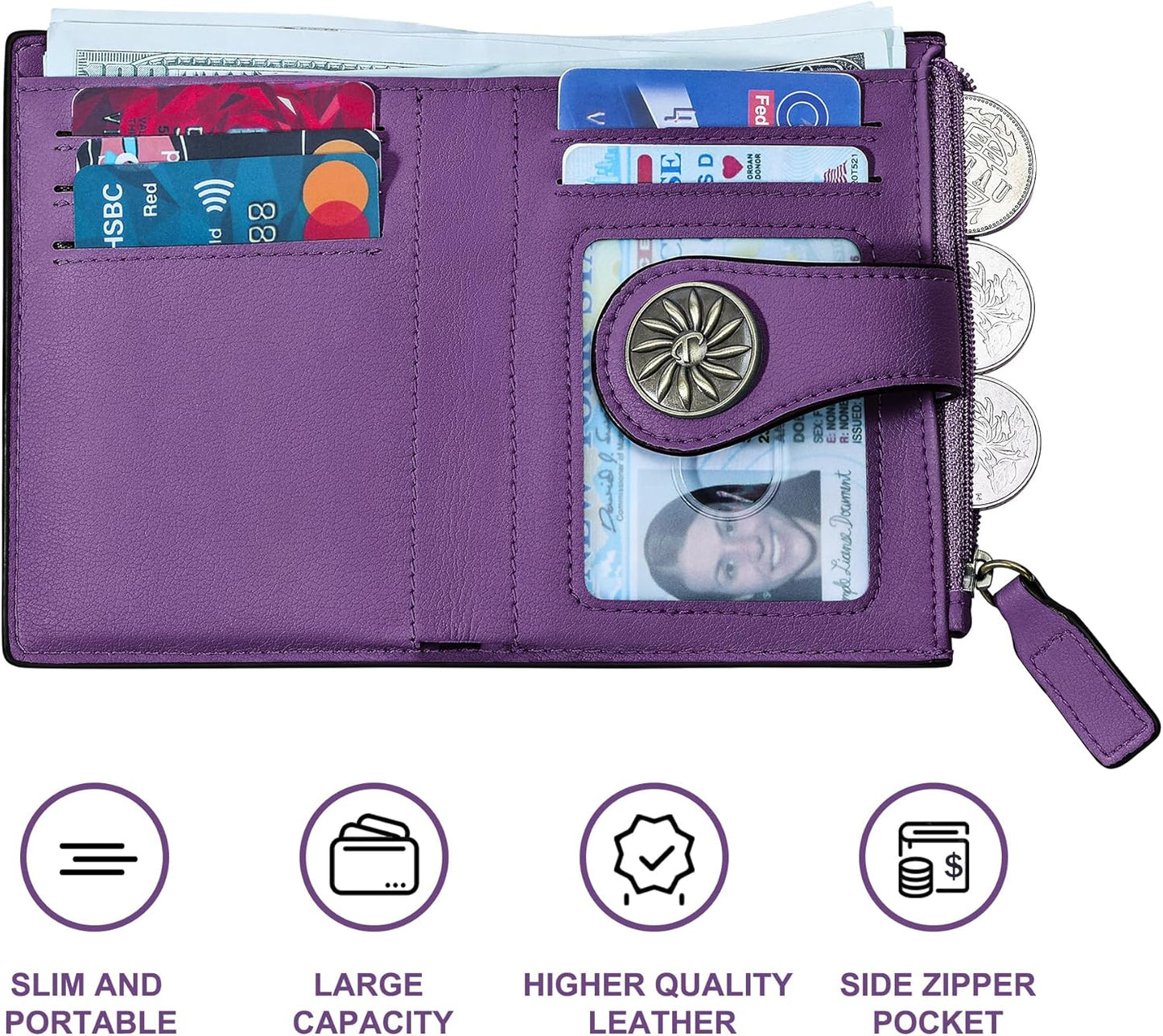 Slim Bifold RFID Women's Wallet with Zipper Pocket Stylish Leather Compact Design