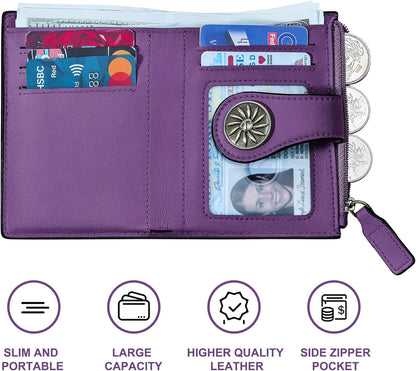 Slim Bifold RFID Women's Wallet with Zipper Pocket Stylish Leather Compact Design
