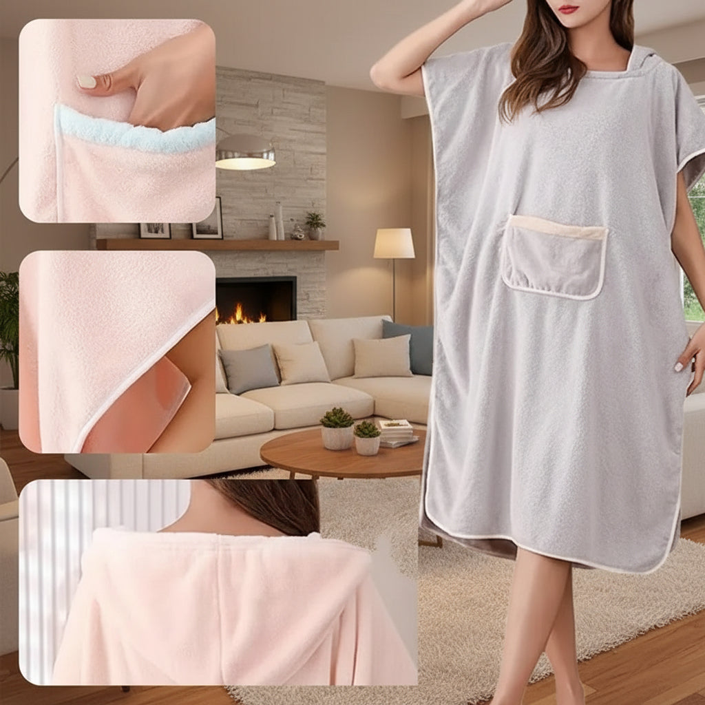 Soft Hooded Bath Poncho with Front Pocket and Absorbent Fabric