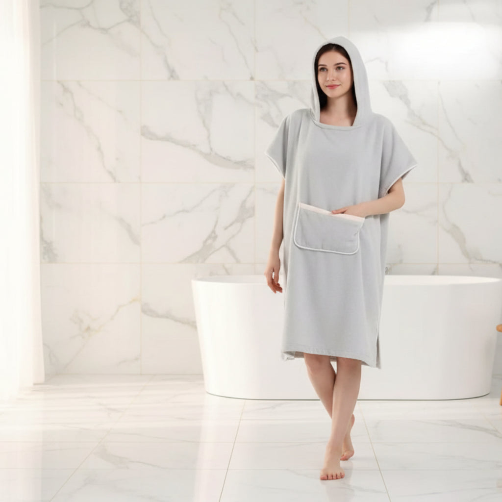 Soft Hooded Bath Poncho with Front Pocket and Absorbent Fabric