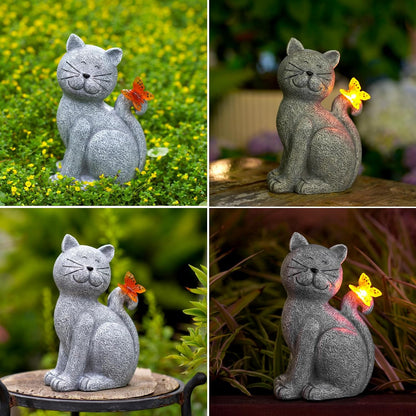 Solar Cat Garden Statue Butterfly Outdoor Light Decorative Ornament