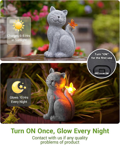 Solar Cat Garden Statue Butterfly Outdoor Light Decorative Ornament