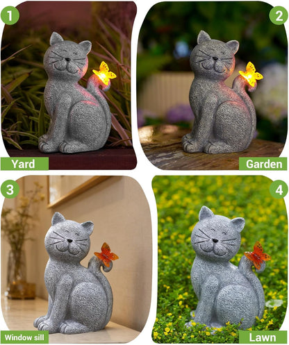 Solar Cat Garden Statue Butterfly Outdoor Light Decorative Ornament