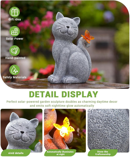 Solar Cat Garden Statue Butterfly Outdoor Light Decorative Ornament
