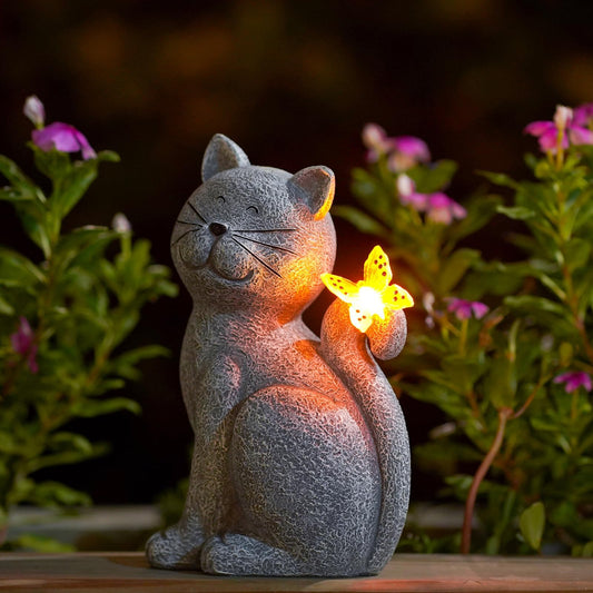 Solar Cat Garden Statue Butterfly Outdoor Light Decorative Ornament