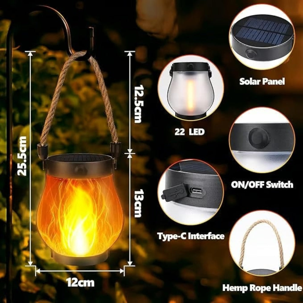 Solcelledrevet udendørs lanterne med flimrende flammeeffekt og USB C-opladning
