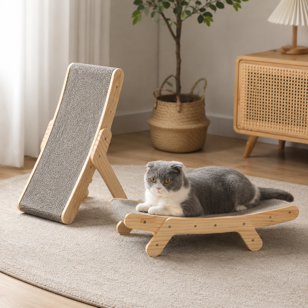 Solid Wood Curved Cat Scratcher for Scratching Stretching and Resting