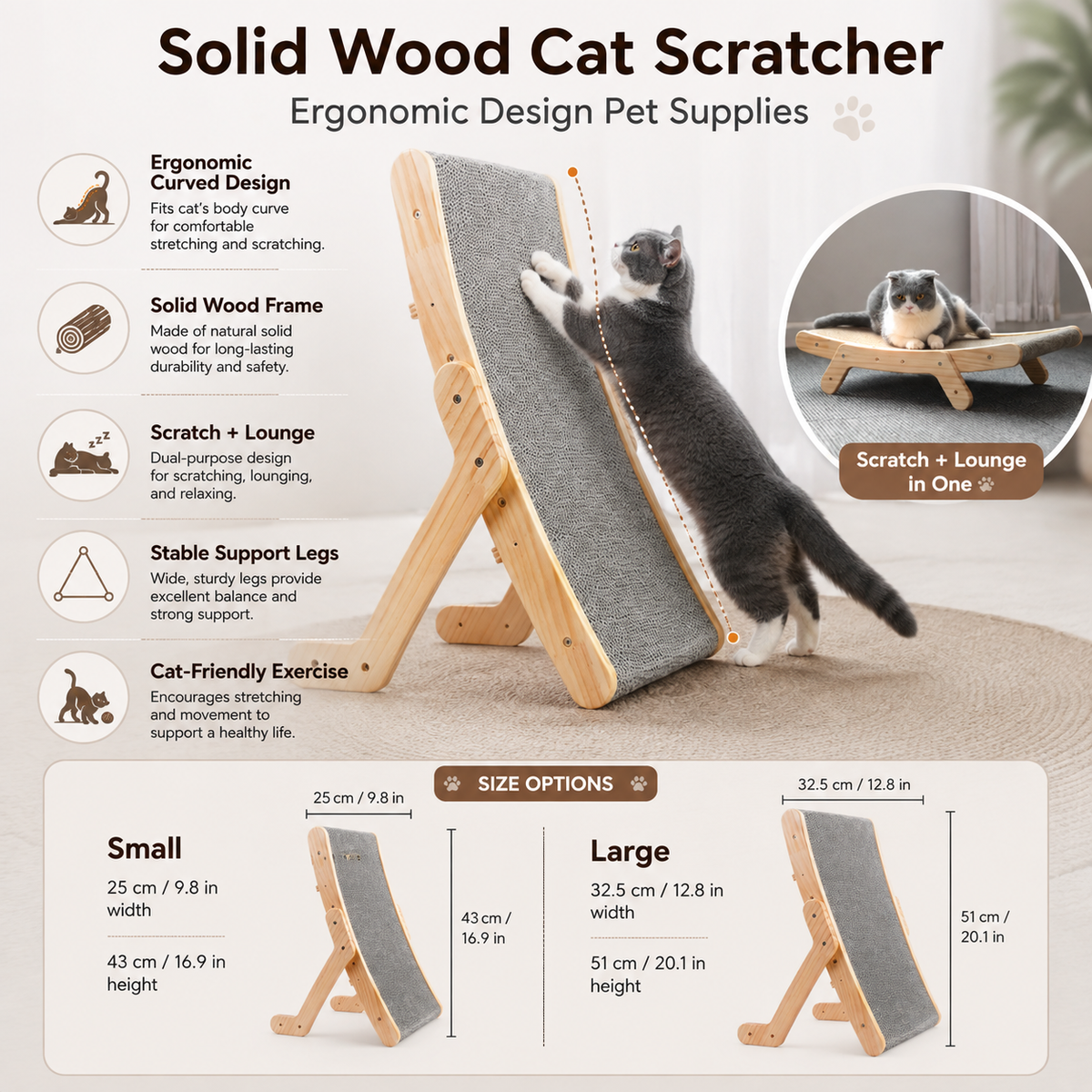 Solid Wood Curved Cat Scratcher for Scratching Stretching and Resting