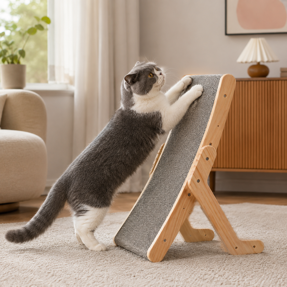 Solid Wood Curved Cat Scratcher for Scratching Stretching and Resting