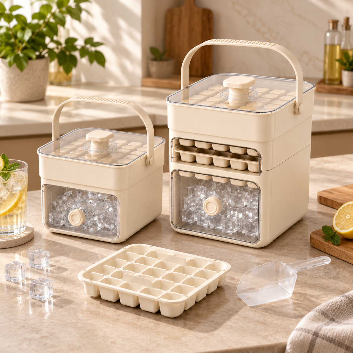 Stackable Ice Cube Tray Set with Spill-Resistant Lid and Storage Drawer