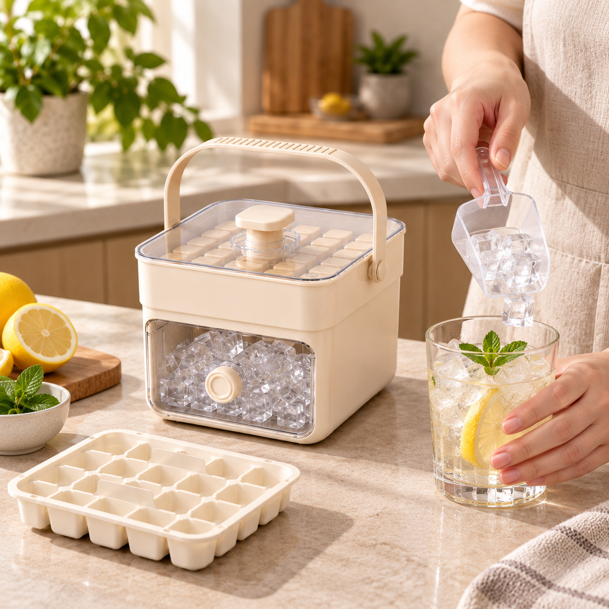 Stackable Ice Cube Tray Set with Spill-Resistant Lid and Storage Drawer
