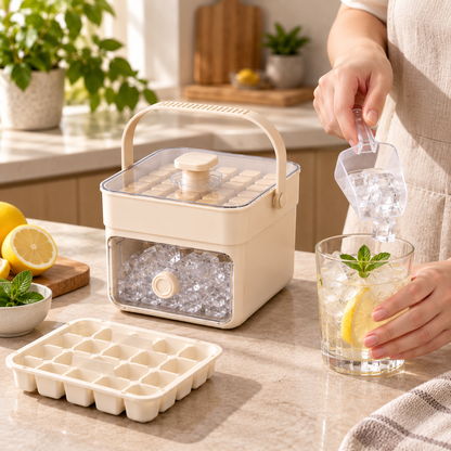 Stackable Ice Cube Tray Set with Spill-Resistant Lid and Storage Drawer
