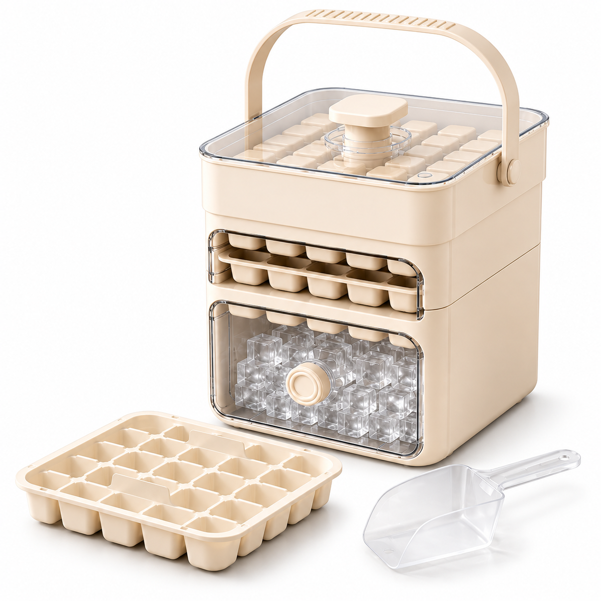 Stackable Ice Cube Tray Set with Spill-Resistant Lid and Storage Drawer