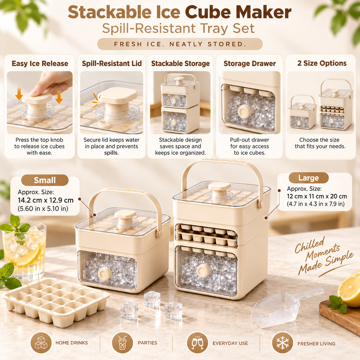 Stackable Ice Cube Tray Set with Spill-Resistant Lid and Storage Drawer