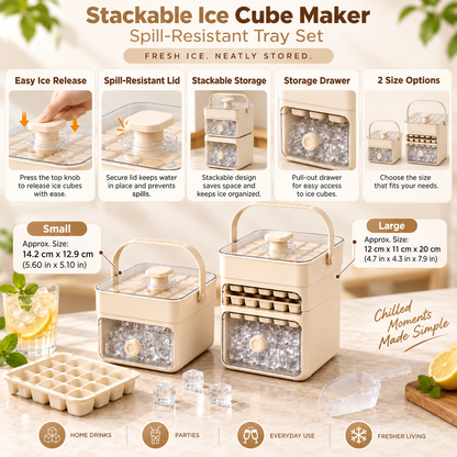 Stackable Ice Cube Tray Set with Spill-Resistant Lid and Storage Drawer
