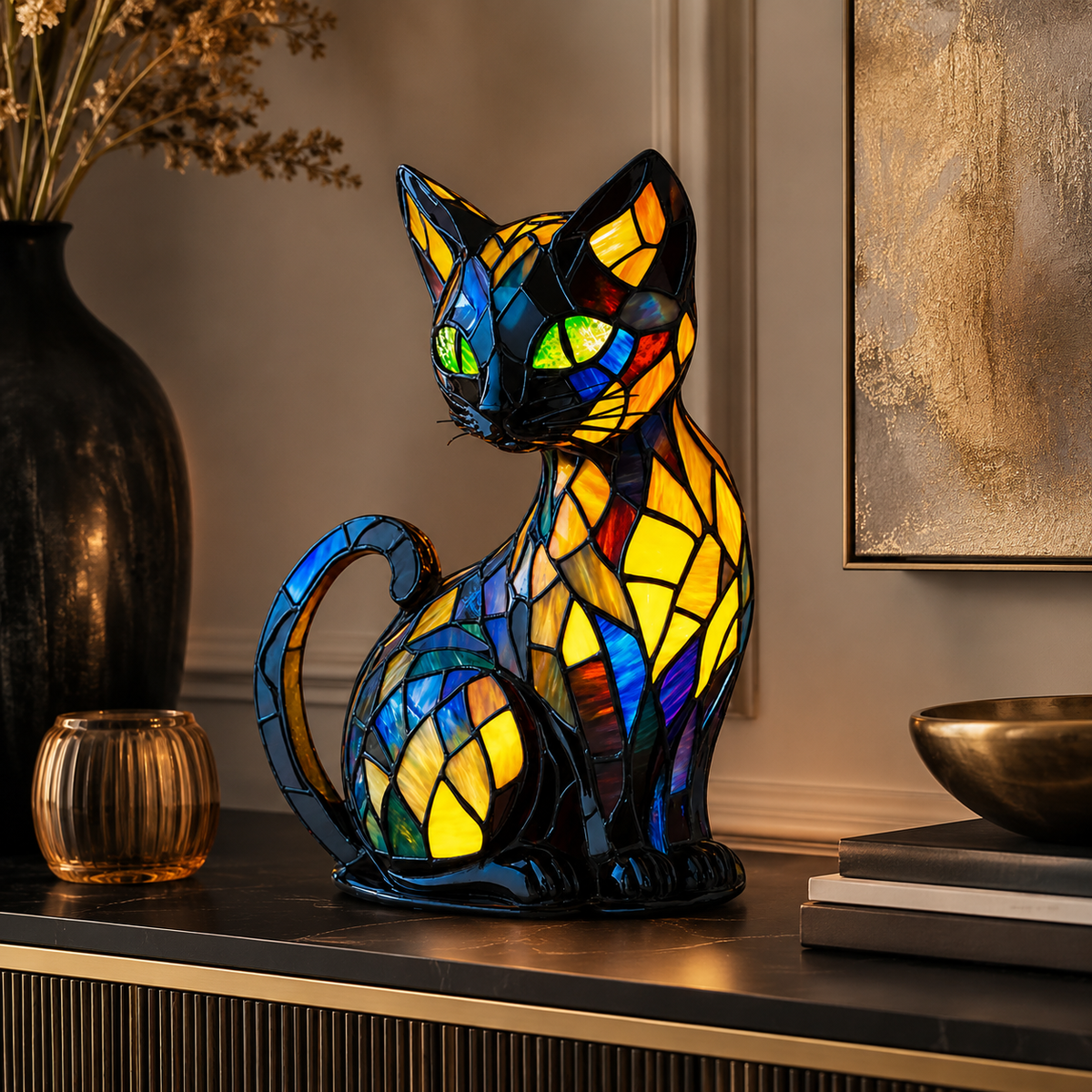 Stained Glass Cat Night Light with Curved Base