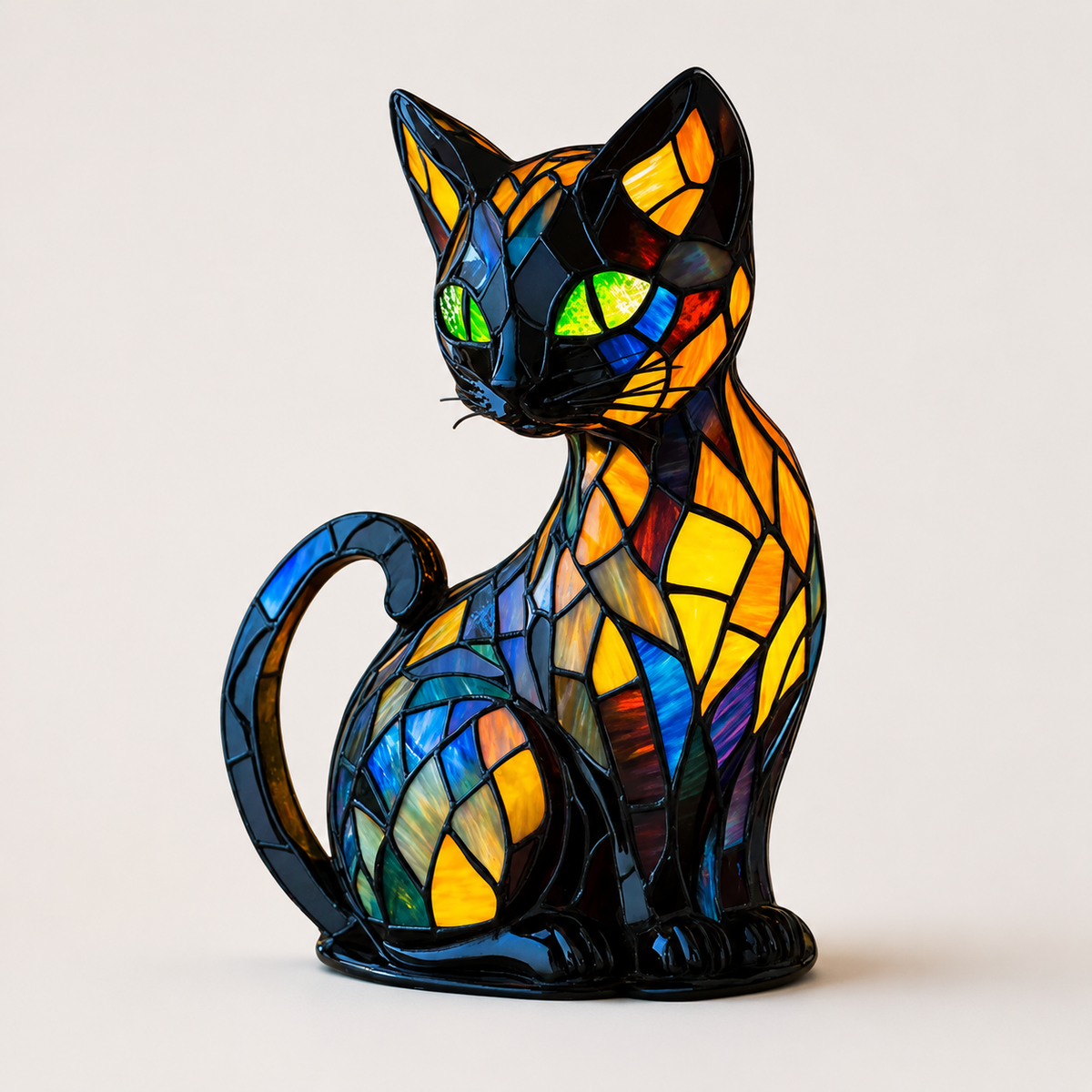 Stained Glass Cat Night Light with Curved Base