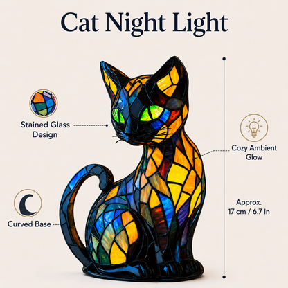 Stained Glass Cat Night Light with Curved Base