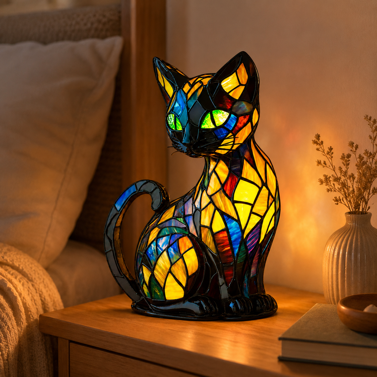 Stained Glass Cat Night Light with Curved Base