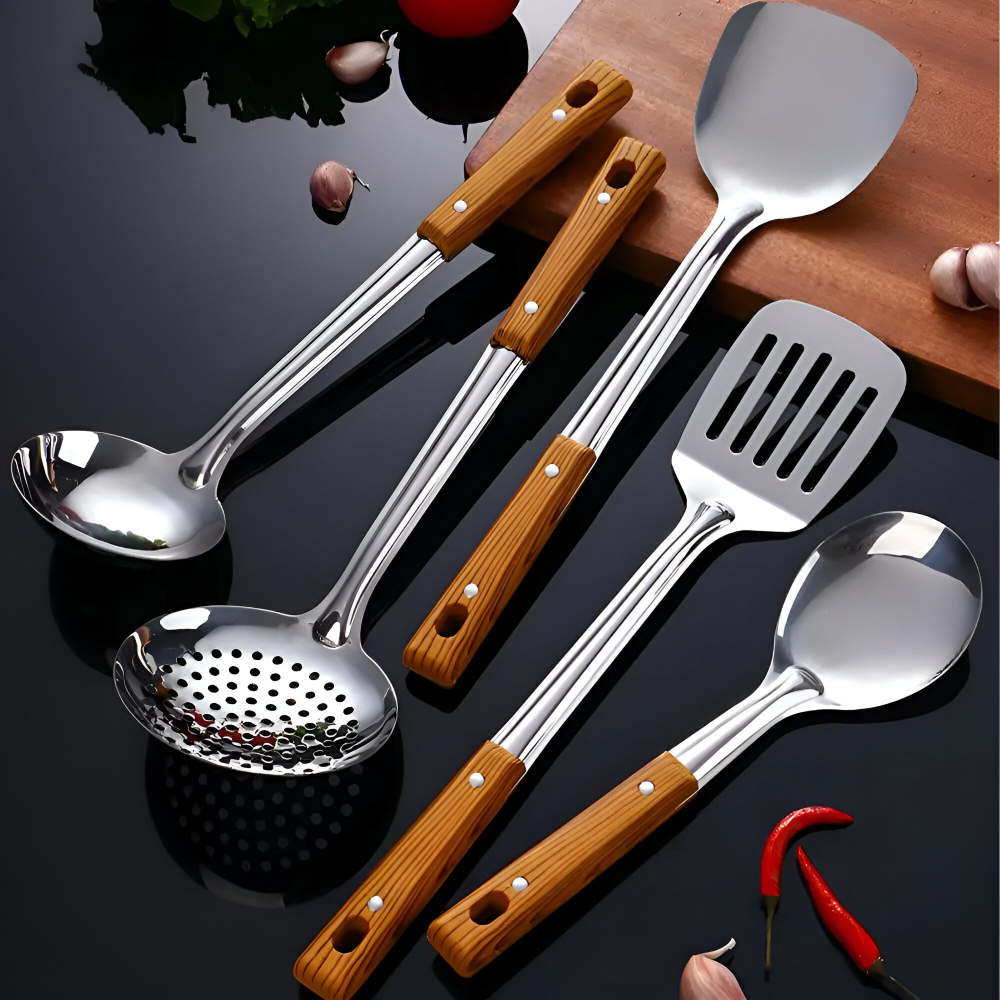 Stainless Steel Kitchen Utensil Set Wooden Handle Cookware Tools