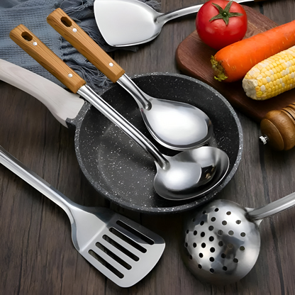 Stainless Steel Kitchen Utensil Set Wooden Handle Cookware Tools